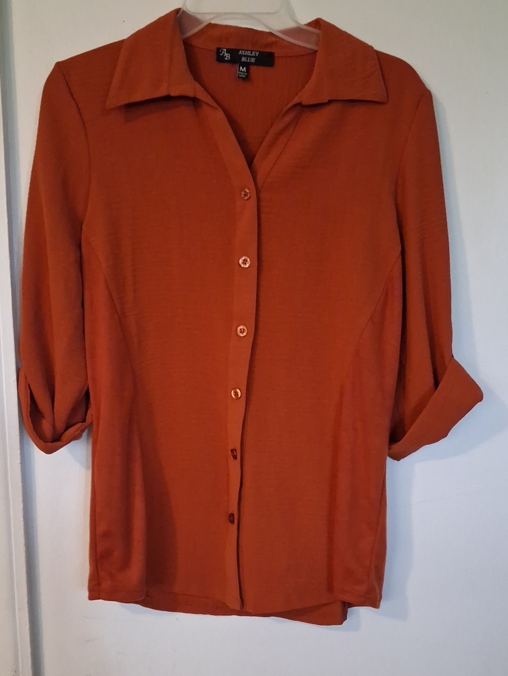 Ashley Blue Rust Orange Button-Down Collared Blouse